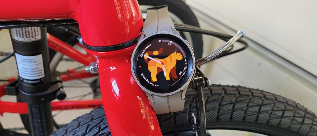 Samsung Galaxy Watch 5 Pro hooked onto a folding bike