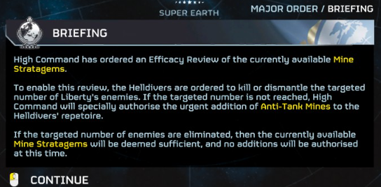 A briefing in Helldivers 2 that reads: 