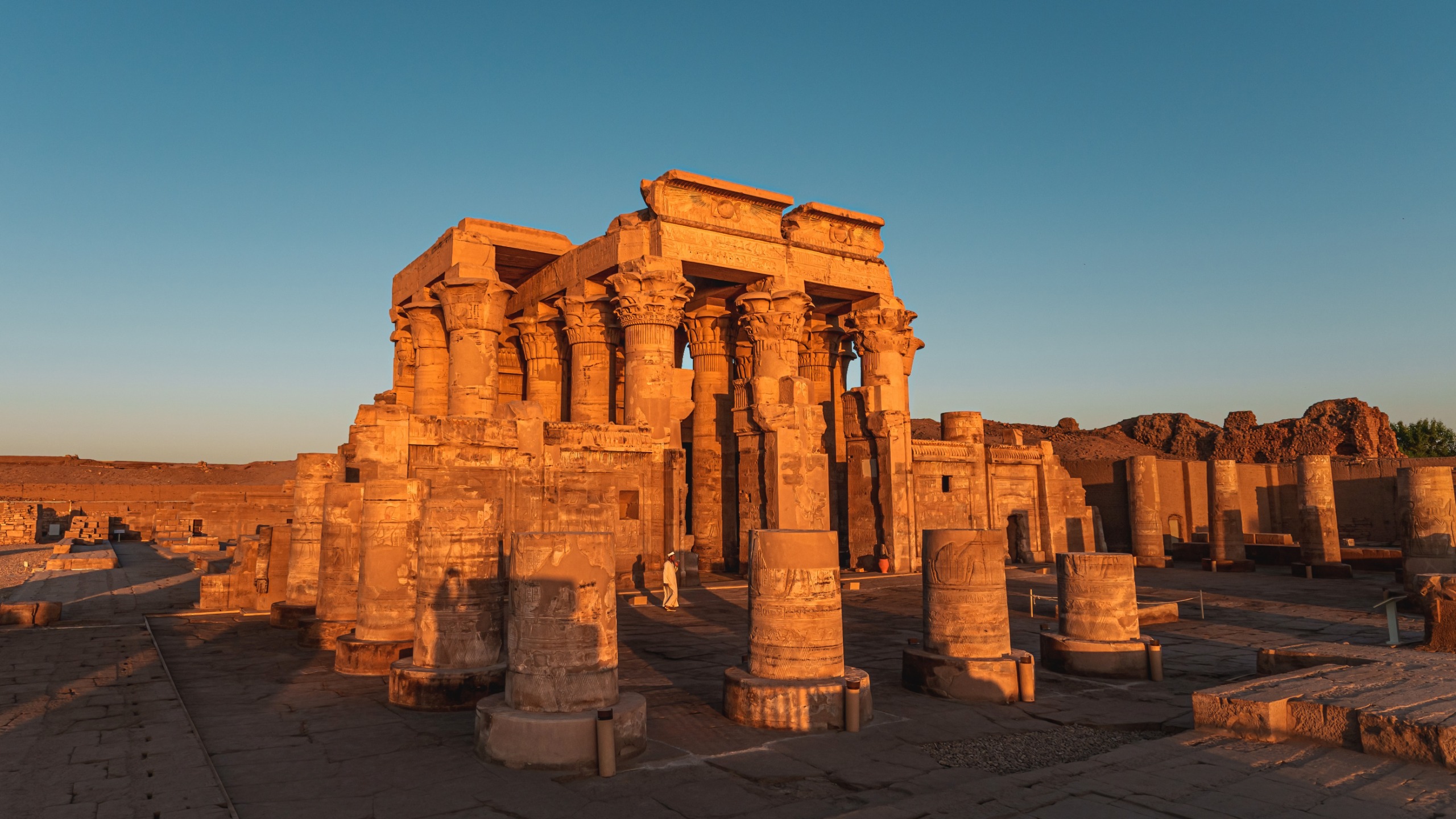 Temple of Kom Ombo. Sunset landscape with ancient building architecture near Nile river, Egypt.
