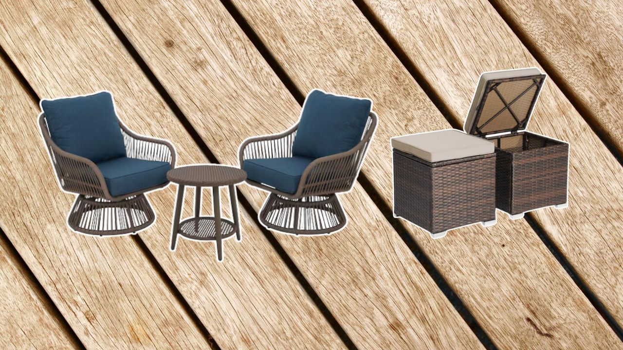 Lowe&#039;s outdoor furniture finds including a patio set and storage ottomans on a wooden deck background