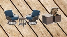 Lowe's outdoor furniture finds including a patio set and storage ottomans on a wooden deck background