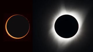 Photos of an annular total solar eclipse (left) and a total solar eclipse (right). Note that the annular eclipse is shown with a dark background, as it is only safe to view with protection – you can see how a small portion of the Sun is still visible as the ring around the Moon. On the right, you can see the Sun’s wispy corona, visible only during totality itself, when the Moon completely – or totally - hides the Sun from view.