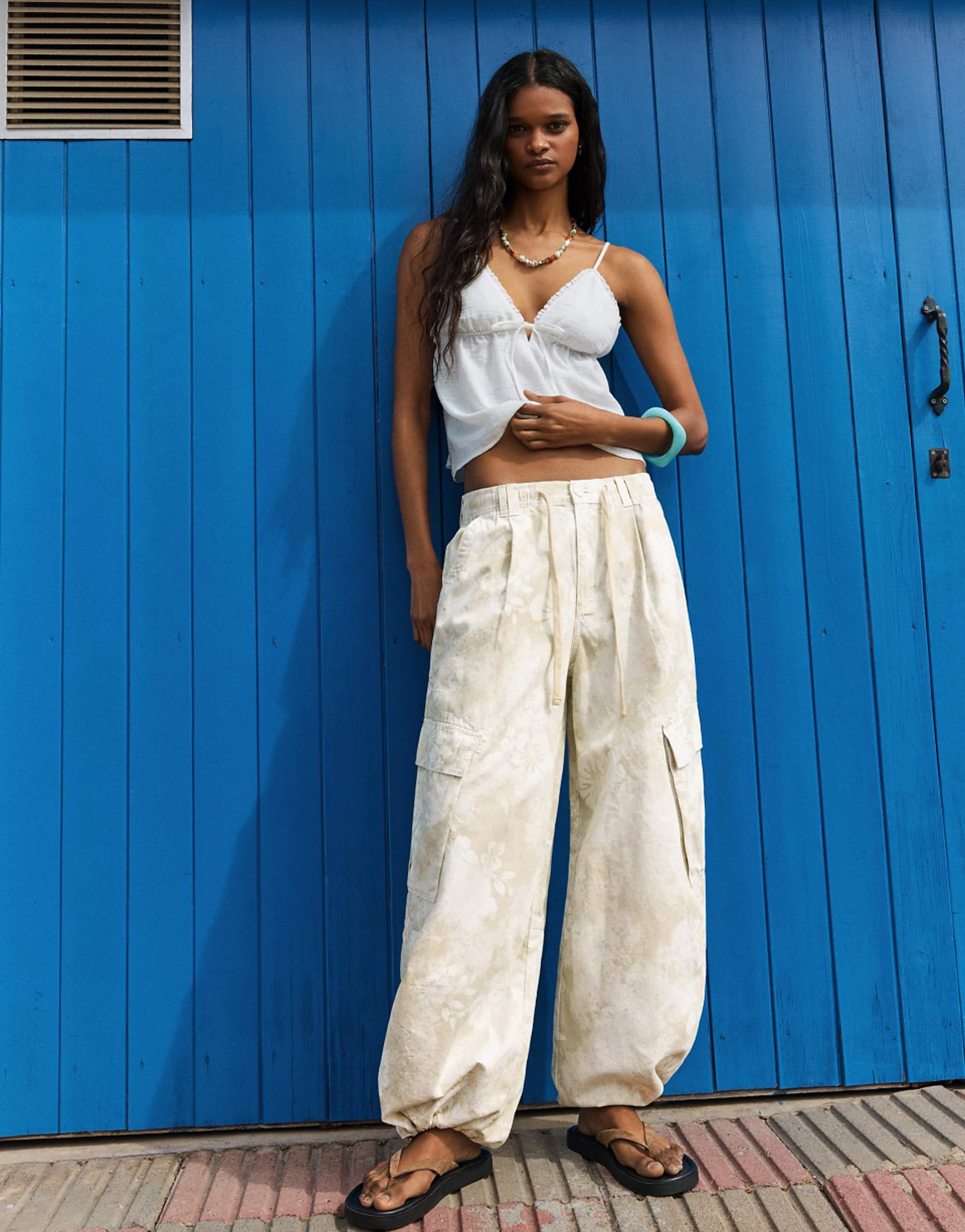 Bershka Printed Cargo Trousers in Beige