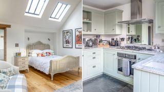 Left, image of bedroom with overhead windows, right image of light green kitchen 