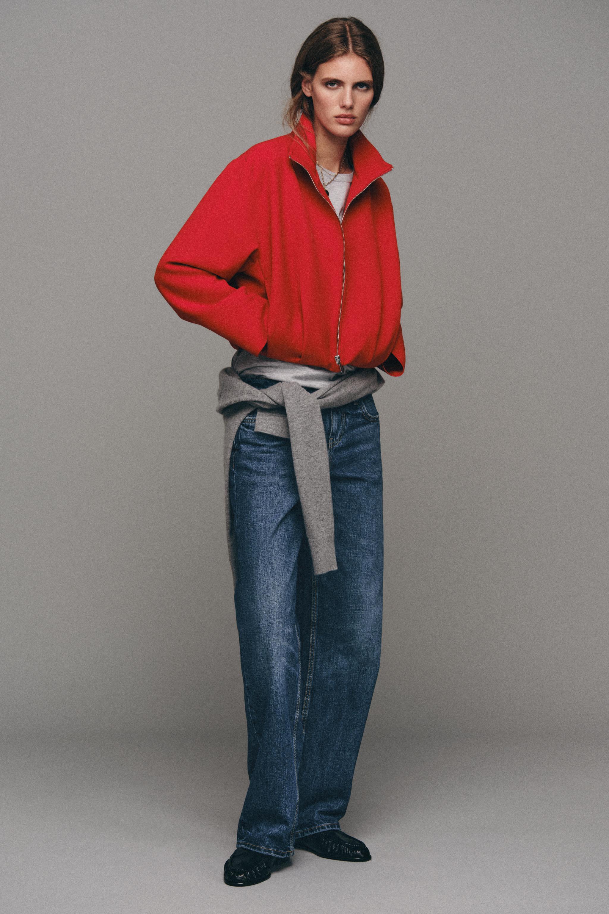 Stand-Up Collar Bomber Jacket - Red - Xs