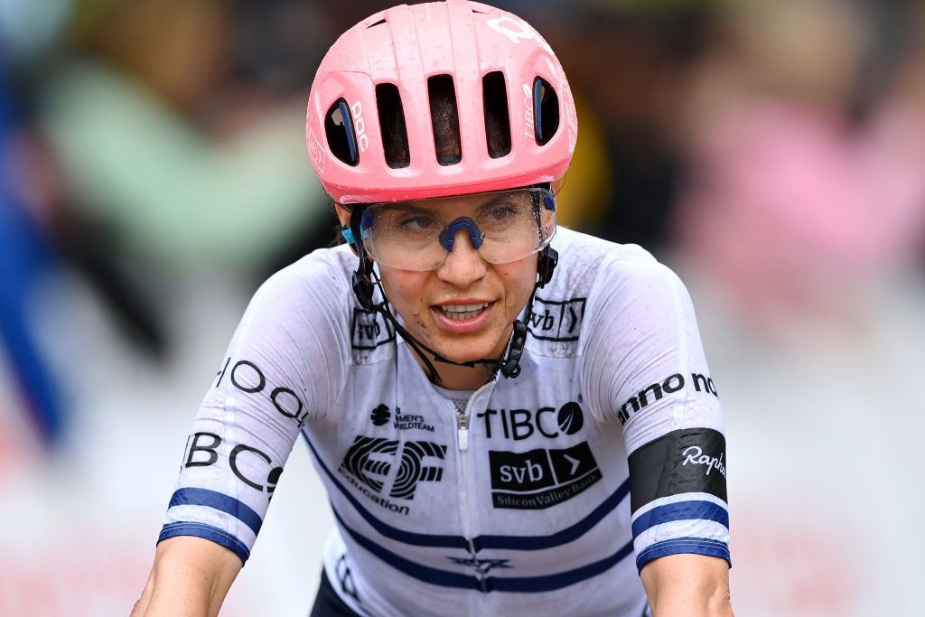 GLOUCESTER ENGLAND JUNE 08 Omer Shapira of Israel and Team EF Education Tibco Svb crosses the finishing line during the 8th The Womens Tour 2022 Stage 3 a 1079km stage from Tewkesbury to Gloucester WomensTour UCIWWT on June 08 2022 in Gloucester England Photo by Justin SetterfieldGetty Images