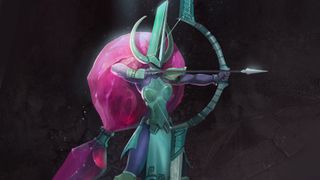 An armored elven archer with pink hair