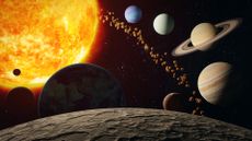 An illustration of all the solar system planets arranged in an arc around the sun