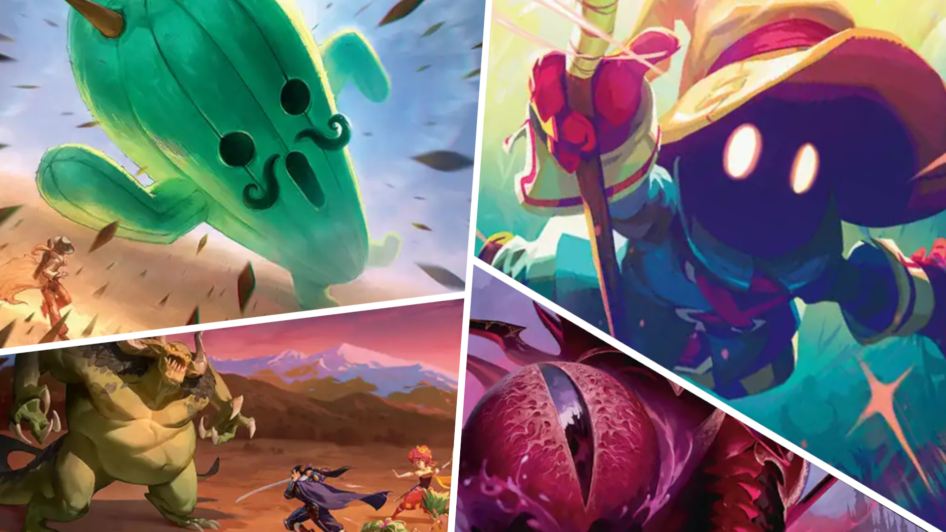 Jumbo Cactuar, Battle Menu, Eye of Nidhogg, and Vivi artwork divided by white lines