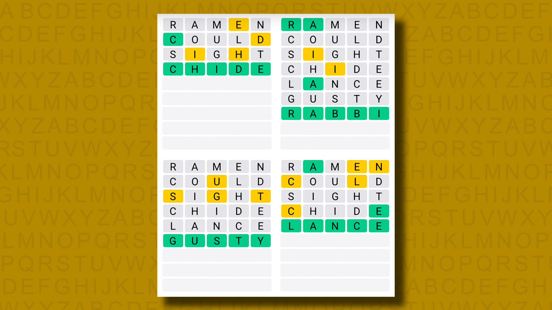 Quordle answers for game 1228 on a yellow background