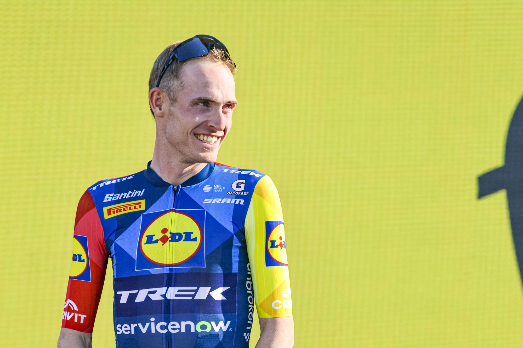 Mattias Skjelmose on stage at the Tour de France 2026 team presentation in Barcelona