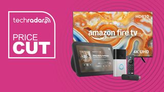 Amazon Fire TV, Echo Show, Ring Doorbell and Fire TV Stick on a purple background