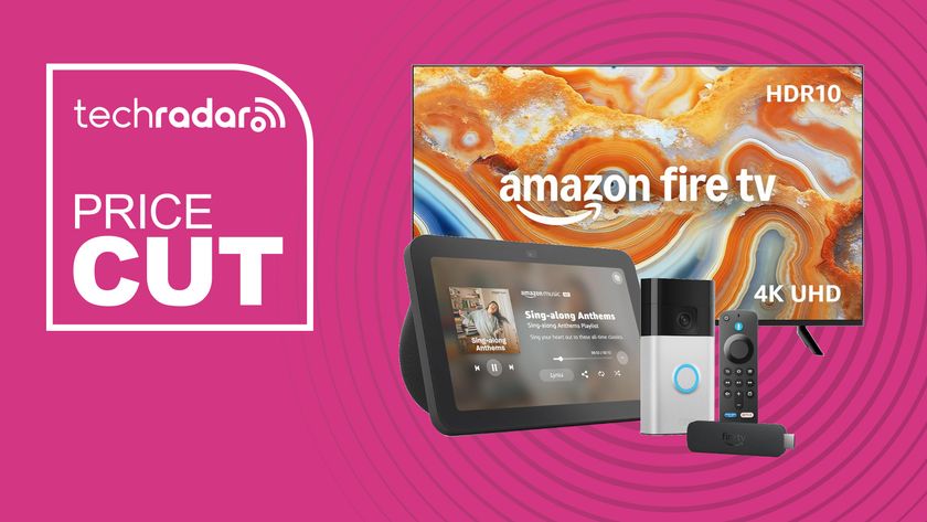 Amazon Fire TV, Echo Show, Ring Doorbell and Fire TV Stick on a purple background