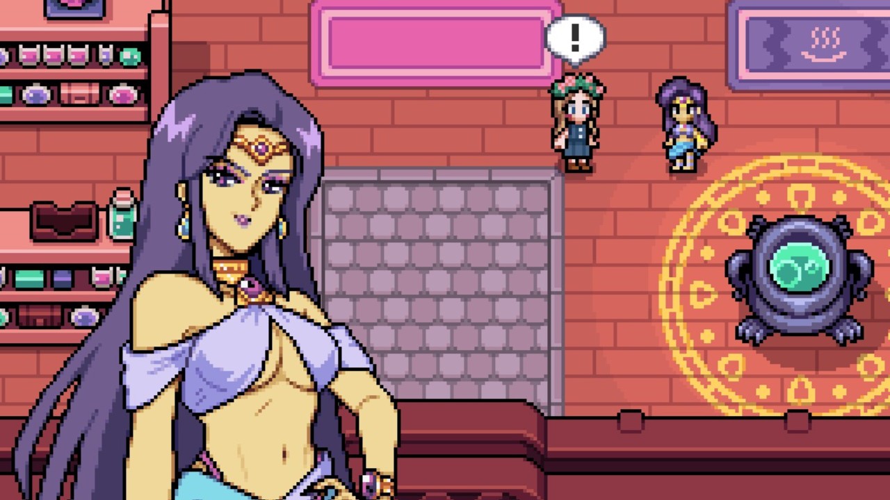 Fields of Mistria - Juniper looks smug while the main character is shocked while they talk at the bathhouse.