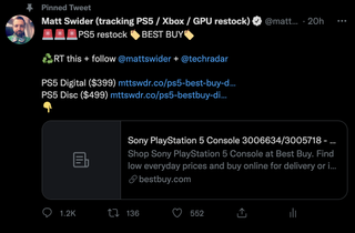 PS5 restock tweet from Matt Swider about the Best Buy console restock