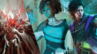 Card art of three MTG Duskmourn face commanders