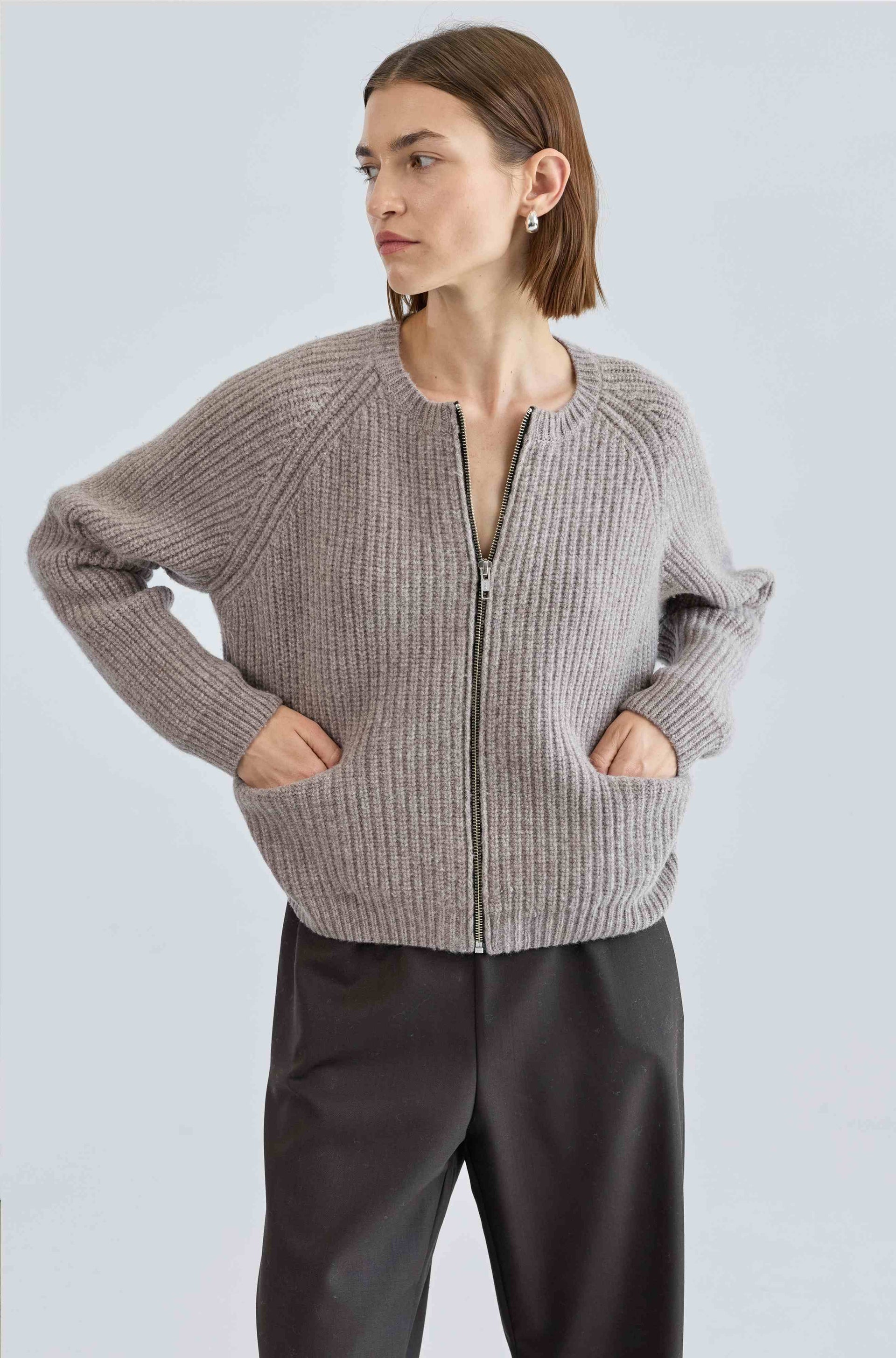 Knit Zip Up Cardigan - S / Oatmeal
