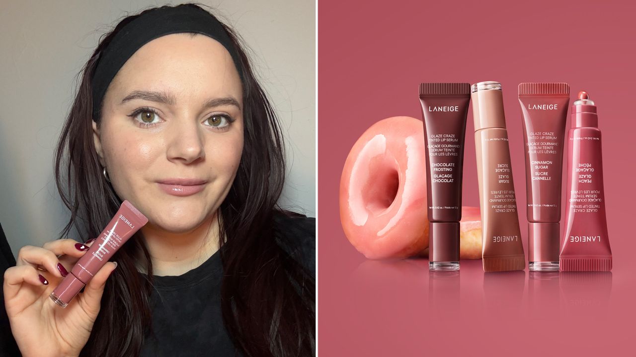 split image of brooke knappenberger marie claire associate commerce editor holding up Laneige glaze craze tinted lip serum in cinnamon sugar with image of all four shades of the Laneige glaze craze tinted lip serum with pink glaze donuts against dark pink background