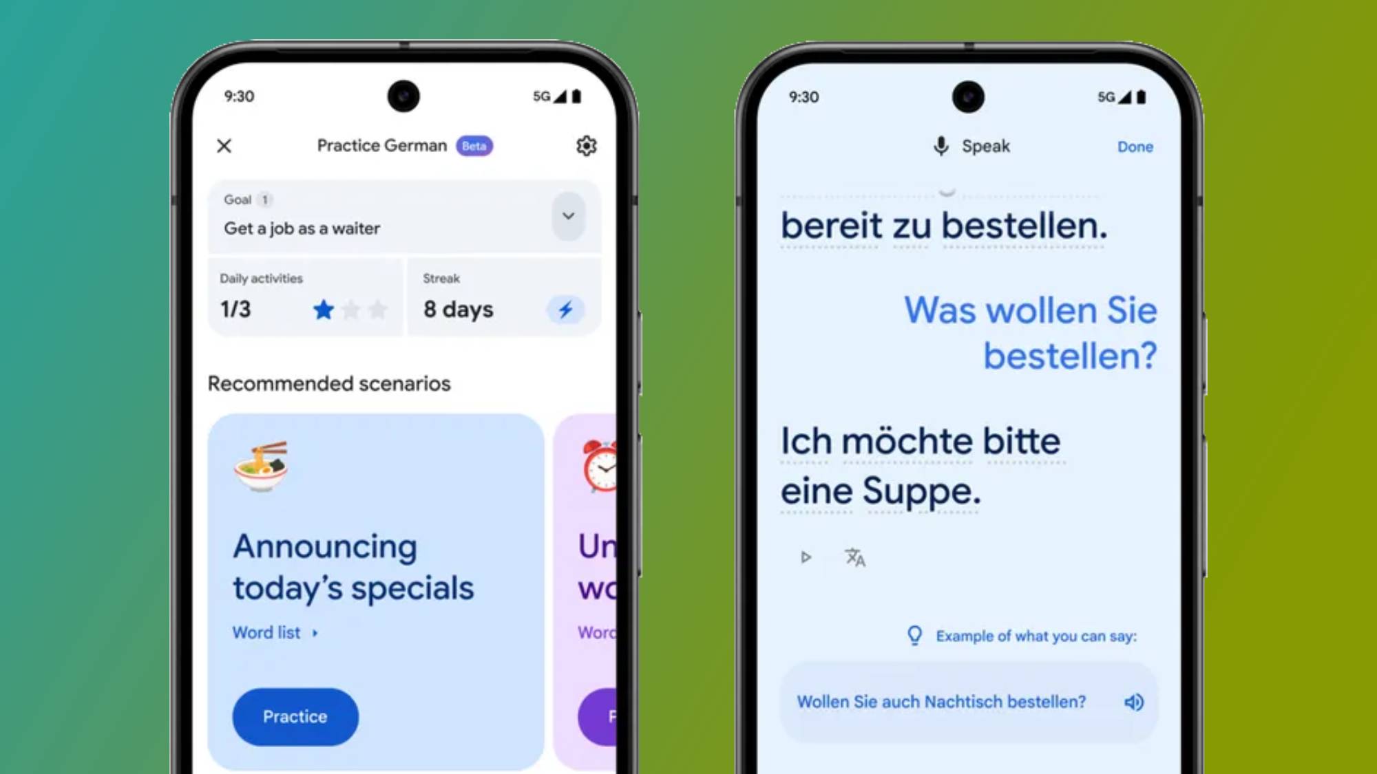 Two smartphones showing Google Translate's language learning service