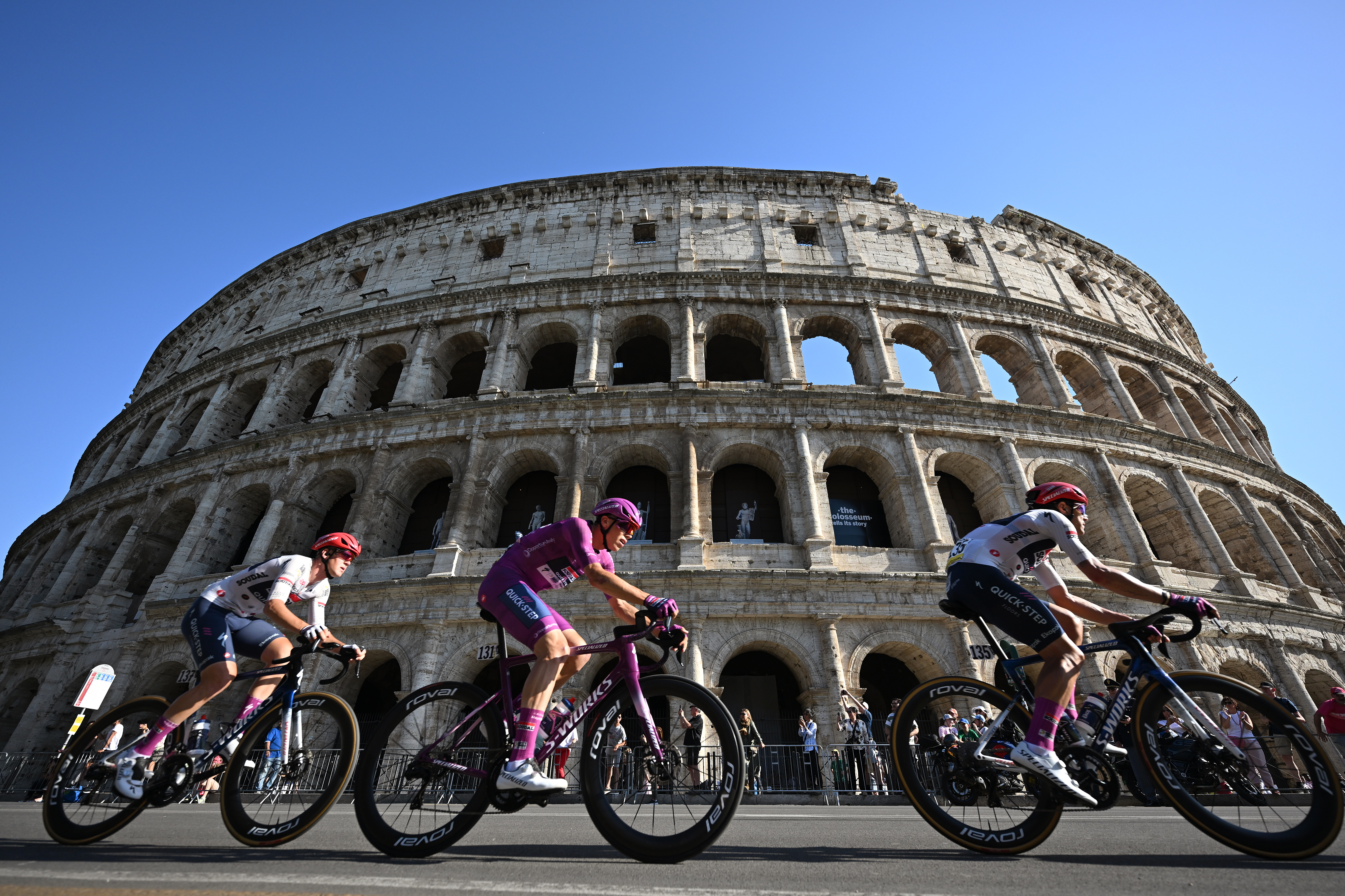 ROME, ITALY - MAY 31: Paul Magnier of France and Team Soudal Quick-Step - Purple Points Jersey competing with the Colosseum in the background, during the 109th Giro d&amp;amp;apos;Italia 2026, Stage 21 a 131km stage from Rome to Rome 1289m / #UCIWT / on May 31, 2026 in Rome, Italy. (Photo by Tim de Waele/Getty Images)