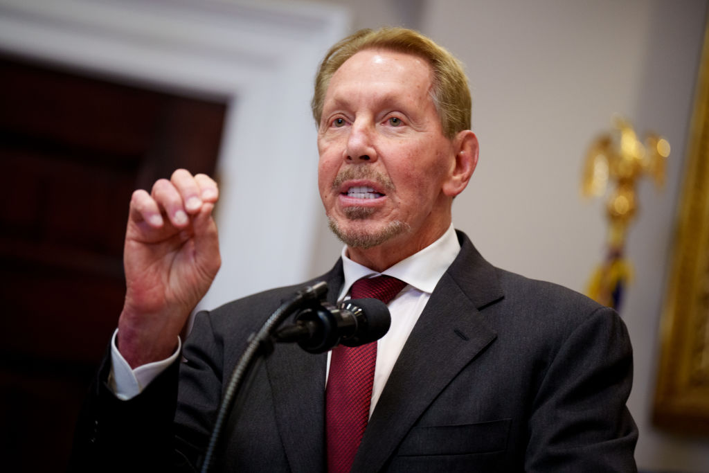 Oracle's Larry Ellison speaks during a news conference with U.S. President Donald Trump