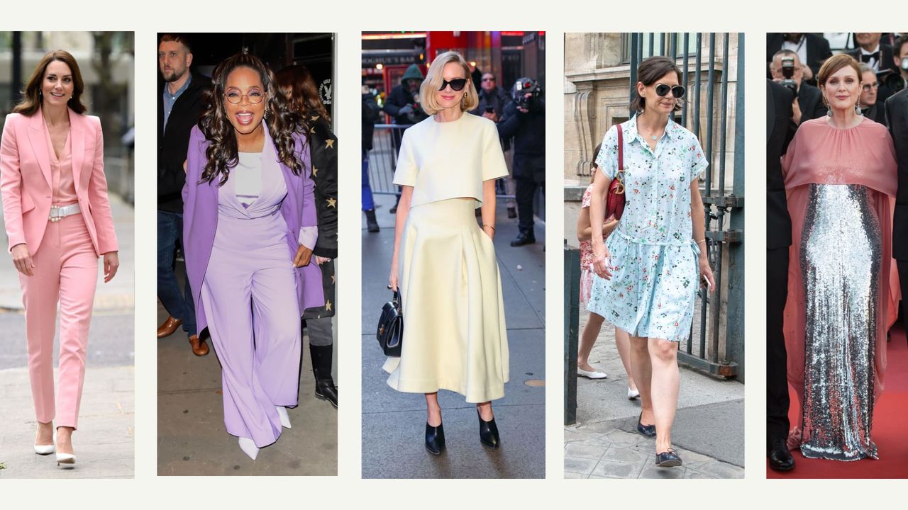 Comp image of celebrities wearing pastels, including Kate Middleton, Oprah Winfrey, Naomi Watts, Katie Holmes and Julianne Moore