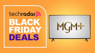 A Black Friday deals sign next to a TV displaying the MGM+ logo