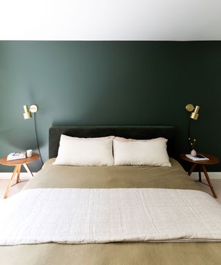 Modern bedroom with green and white wall and bedside lamps