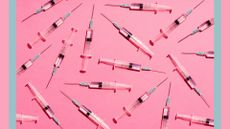 Syringe with injection or vaccine repetition pattern on pink background. Can the COVID vaccine delay your period?