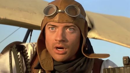 Rick O'Connell (Brendan Fraser) flies in a biplane in The Mummy.