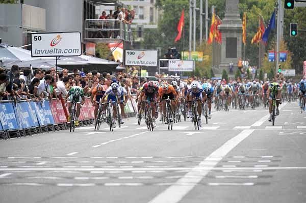 Filippo Pozzato (Liquigas) is dejected as the peloton comes rushing past him before the line.