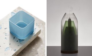 A terrazzo experiment with blue glass and a set of nesting candle-holders