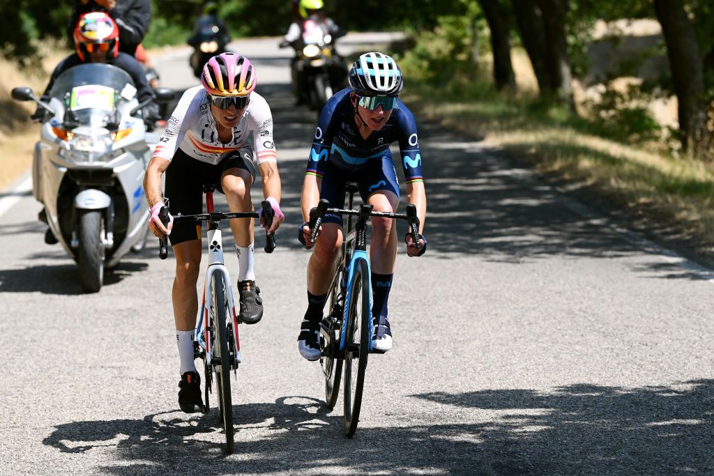 CESENA ITALY JULY 04 LR Margarita Victoria Garcia Caellas of Spain and UAE Team Adq and Annemiek Van Vleuten of Netherlands and Movistar Team compete in the breakaway during the 33rd Giro dItalia Donne 2022 Stage 4 a 1209km stage from Cesena Torinese to Cesena Torinese GiroDonne UCIWWT on July 04 2022 in Cesena Italy Photo by Dario BelingheriGetty Images