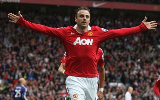 Dimitar Berbatov celebrates after scoring for Manchester United against Liverpool in September 2010.