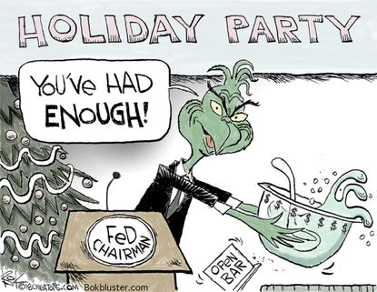 Political cartoon U.S. Grinch Jerome Powell Federal Reserve&nbsp;