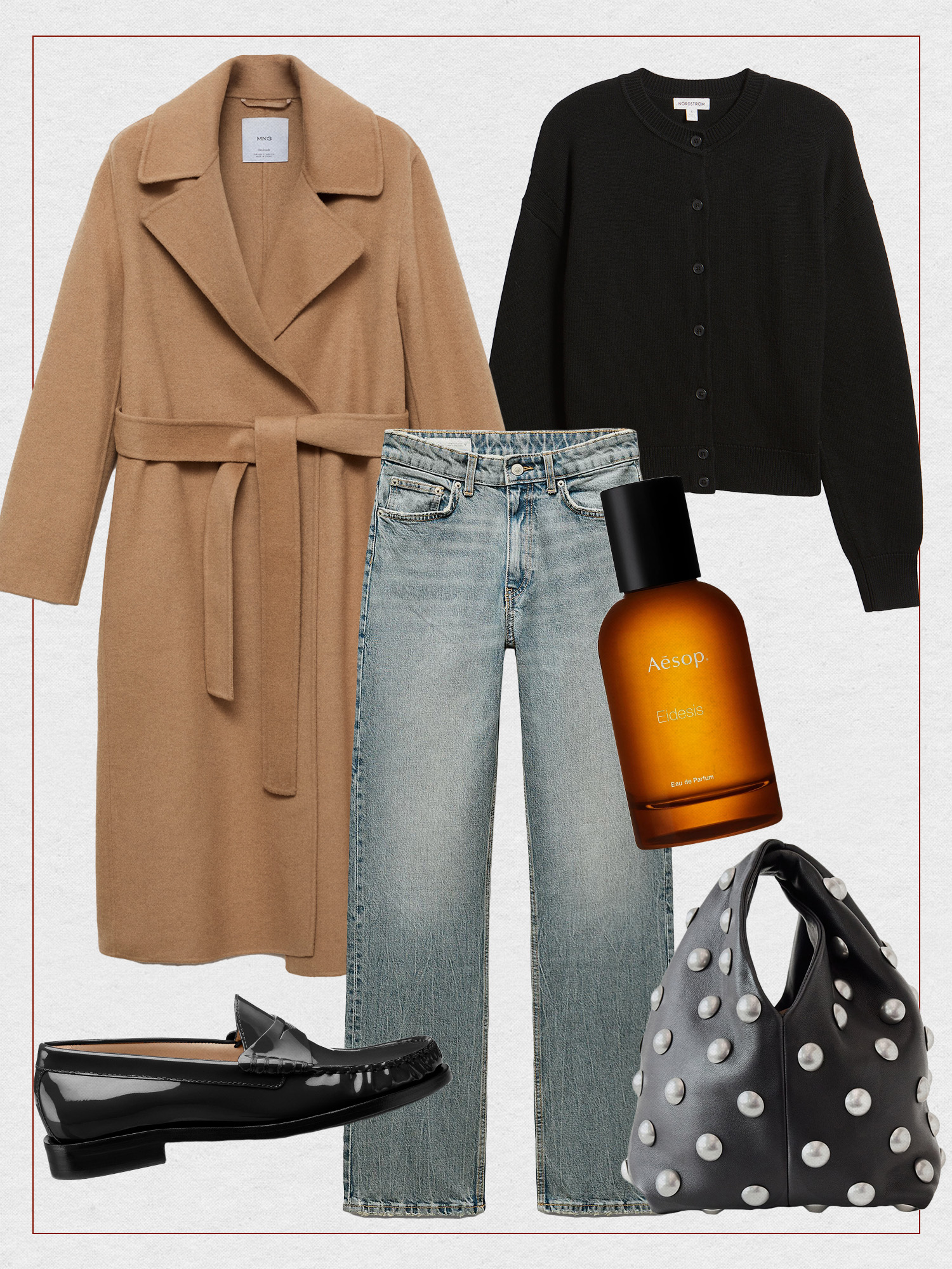 Winter outfit collage of a camel Mango coat, a black cardigan sweater, Zara straight leg jeans, Aesop Eidesis fragrance, A.L.C. Simone studded bag, and Stuart Weitzman black patent penny loafers.