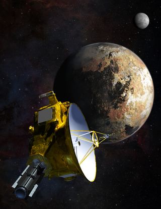 Artist’s illustration of NASA’s New Horizons spacecraft passing Pluto and Pluto’s largest moon, Charon, on July 14, 2015.