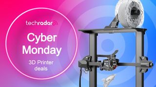Cyber Monday text next to a 3D printer