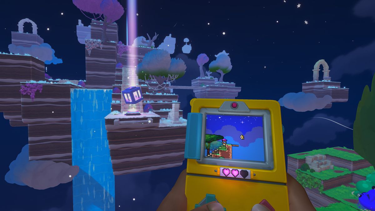Colourful screens from indie game Screenbound; shows a player holding a yellow handheld console displaying a 2D game that mirrors the surrounding 3D environment perfectly.