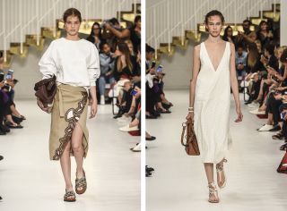Tod’s mastery of Italian leather goods shone in oversized nappa shirts in yellow and tan, laser cut skirts and pyjamas