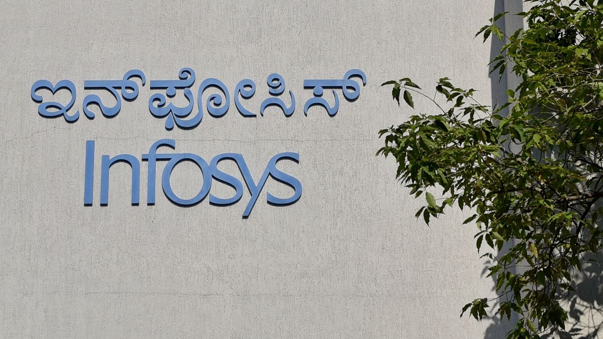 InfoSys logo and branding pictured on the company headquarters in Bangalore, India.