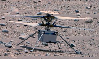 NASA's Ingenuity Mars helicopter, photographed by the agency's Perseverance rover on April 16, 2023. The rover captured this enhanced-color image using its Mastcam-Z instrument. 