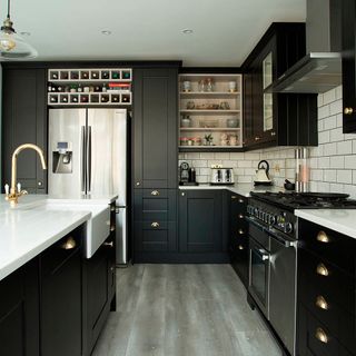 kitchen with matt black shelves and white countertop
