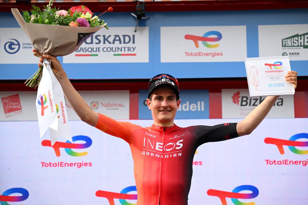 EIBAR SPAIN APRIL 06 Carlos Rodriguez of Spain and Team INEOS Grenadiers celebrates at podium as stage winner during the 63rd Itzulia Basque Country 2024 Stage 6 a 1378km stage from Eibar to Eibar UCIWT on April 06 2024 in Eibar Spain Photo by Tim de WaeleGetty Images