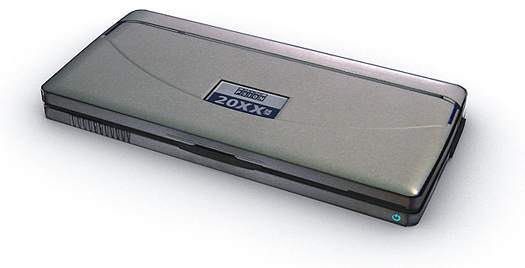 Jason Zushman, used three dimensioinal computer generated graphics to model our new Psion 20xx, seen here from the front and right sides. The model number is one we chose for this fantasy computer and should not be taken to indicate that Psion is working