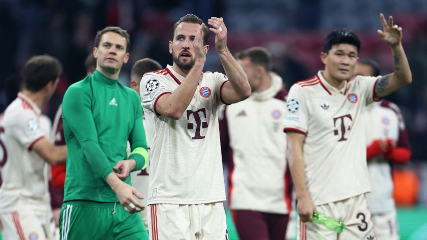 Harry Kane of Bayern Munich celebrates winning a Champions League match against Paris Saint-Germain