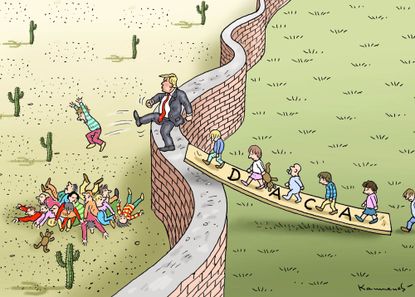 Political cartoon U.S. Trump wall DACA