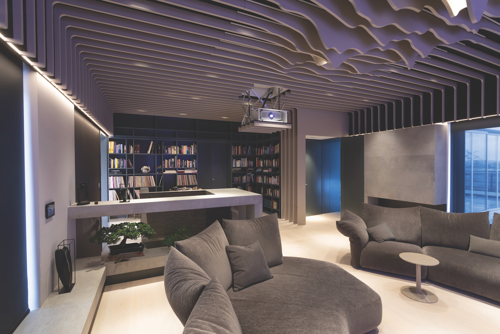 A photograph of a custom install home cinema and hi-fi system in a London penthouse apartment
