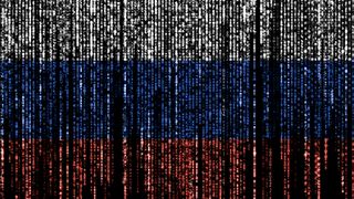 Cybersecurity concept image showing digitized Russian flag made up of red, white, and blue binary code, signifying the Midnight Blizzard cyber criminal group.