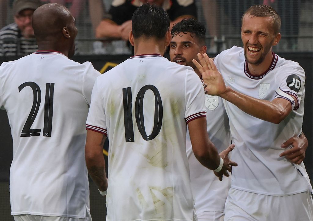 West Ham United season preview 2023/24 West Ham United&#039;s Czech midfielder Tomas Soucek (R) is congratulated by his teammates after scoring a first goal for his team during the pre-season friendly football match between Rennes and West Ham United FC at the Roazhon Park stadium in Rennes, western France, on July 29, 2023. (Photo by Fred TANNEAU / AFP) (Photo by FRED TANNEAU/AFP via Getty Images)